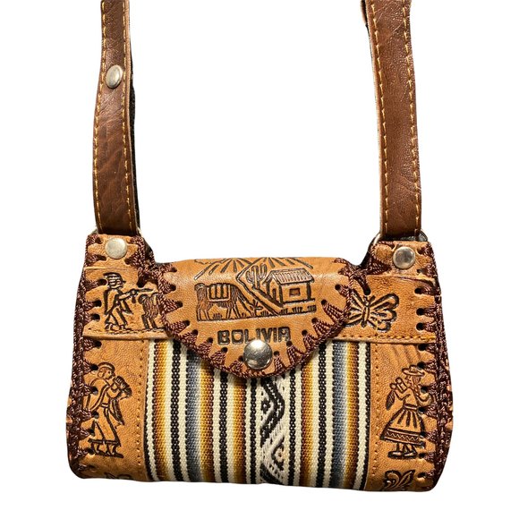 Handmade Purse Bolivia Hand Tooled Leather & Canvas Llamas Alpacas Butterfly - Picture 2 of 9